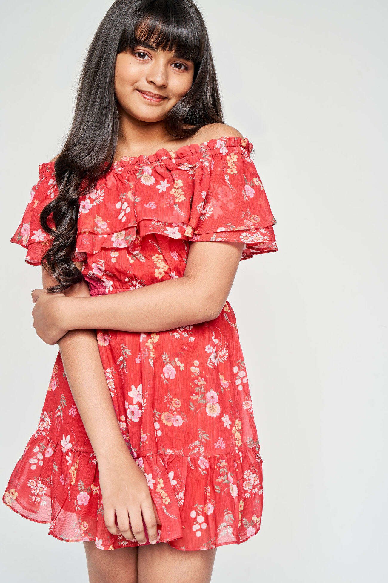 Pretty Blooms Off-The-Shoulder Dress, Red, image 1